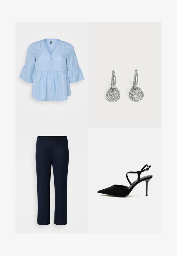 Haut en tissu tissé bleu clair avec un décolleté en V, des détails de boutons et des manches cloche trois-quarts. L'ourlet peplum évasé ajoute du volume.; Pantalons en tricot côtelé bleu marine avec une taille élastique, design à jambe droite et texture douce. Tissu lisse et léger sans quincaillerie visible.; Chaussure à talon haut noire à bout pointu avec talon stiletto fin et fines lanières à la cheville avec boucle argentée sur fond blanc.; Boucles d'oreilles créoles en argent avec des pendentifs ronds et plats incrustés de petits cristaux clairs sur un fond clair uni.