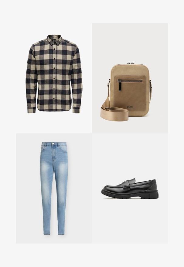 Chemise en flanelle pour homme en noir et crème, présentant un motif à carreaux classique, un col boutonné et des manches longues avec poignets à boutons.; Jeans taille haute bleu clair en tissu denim. Coupe slim avec détails délavés, cinq poches et une fermeture par bouton métallique.; Mocassin en cuir noir avec une large sangle sur le devant, semelle en caoutchouc à épaisse rainure, et texture lisse. Design classique et élégant.; Petit sac bandoulière beige avec poche avant zippée, logo métallique ALDO, sangle large ajustable et forme rectangulaire arrondie sur fond blanc.
