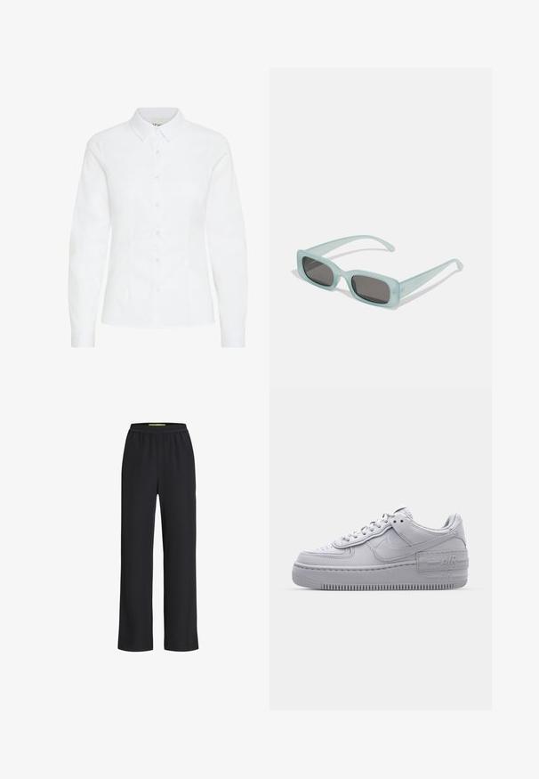 Chemise blanche à boutons, en tissu lisse. Présente des manches longues, un col classique et six boutons à l'avant avec une coupe ajustée.; Pantalons larges noirs avec une taille élastique, fabriqués à partir d'un tissu doux, présentant une texture lisse et une coupe ample sur les jambes.; Basket en cuir lisse gris Nike Air Force 1 avec un bout perforé, une semelle épaisse et un détail 'AIR' en relief sur le talon.; Une paire de lunettes de soleil rectangulaires avec des montures translucides bleu clair et des verres gris foncé, présentant des branches droites et des détails matériels minimaux.