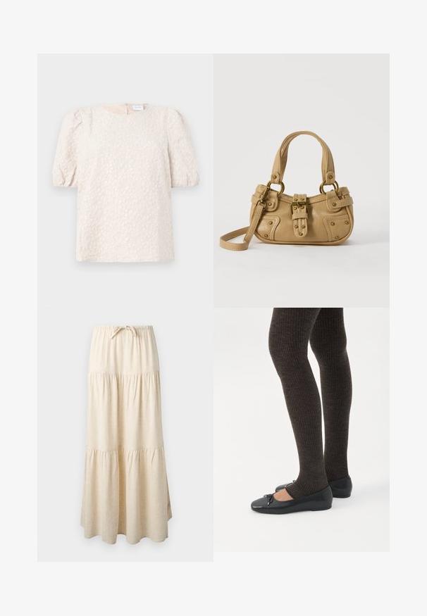 Top à manches bouffantes en beige clair avec broderies florales. Il présente un col rond et une fermeture éclair discrète à l'arrière. Tissu doux et texturé.; Jupe maxi beige à volants avec ceinture élastique et cordon de serrage, présentant un tissu fluide et froncé.; Jambes portant des leggings côtelés foncés associés à des ballerines noires avec de petits détails en nœud sur fond blanc.; Sac à main en cuir beige avec double poignées, boucle en laiton et détails rivetés, ainsi qu'une bandoulière réglable sur fond blanc.