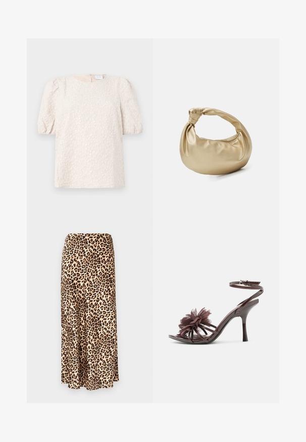 Top à manches bouffantes en beige clair avec broderies florales. Il présente un col rond et une fermeture éclair discrète à l'arrière. Tissu doux et texturé.; Jupe longue imprimée léopard en tissu lisse. Fond beige avec des taches noires et marron. Design évasé avec un ourlet droit.; Sandale à talon haut en cuir verni marron avec bride à la cheville et grande fleur en tissu sur les brides avant.; Sac à main en métal doré avec une texture lisse et brillante. Il possède une anse nouée et une forme arrondie et douce. Fermeture zippée sur le dessus.