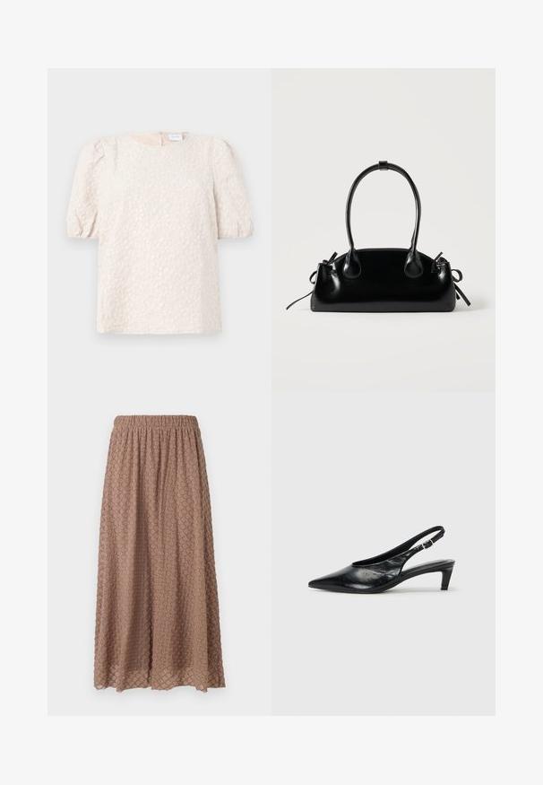 Top à manches bouffantes en beige clair avec broderies florales. Il présente un col rond et une fermeture éclair discrète à l'arrière. Tissu doux et texturé.; Jupe marron, longueur genou avec une ceinture élastique, tissu texturé présentant un motif en losange dans une tonalité plus claire, légère et fluide.; Escarpin à bride arrière en cuir noir avec un bout pointu, un petit talon et une sangle à boucle réglable. Texture lisse avec un minimalisme dans les détails.; Petit sac à main noir brillant avec deux longues anses et des détails à cordon sur les côtés sur un fond clair uni.