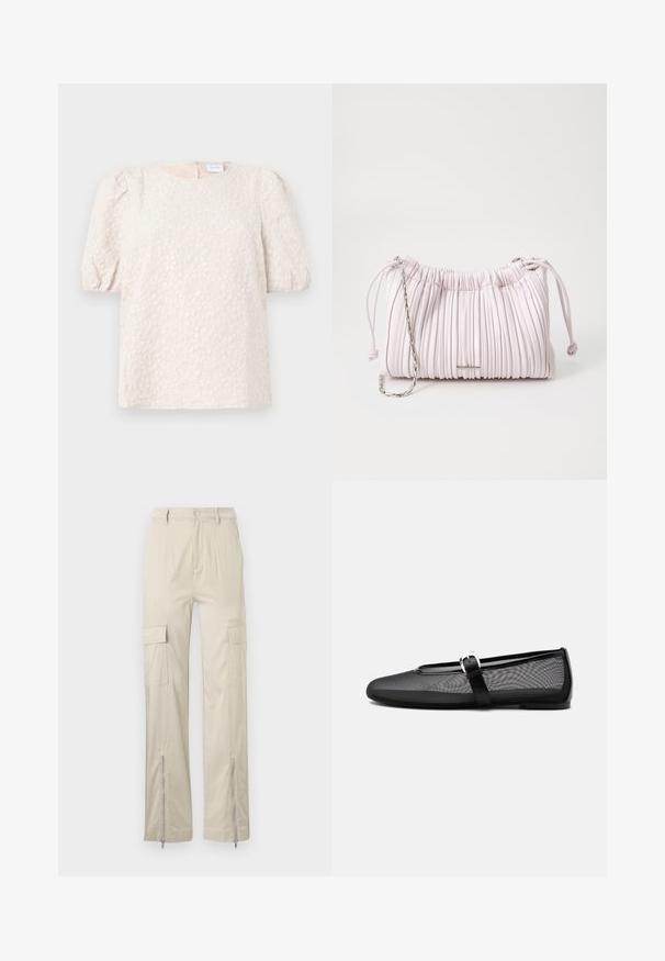 Top à manches bouffantes en beige clair avec broderies florales. Il présente un col rond et une fermeture éclair discrète à l'arrière. Tissu doux et texturé.; Pantalons cargo beiges avec une coupe décontractée, comprenant des poches latérales, des poignets zippés et une texture lisse. Le tissu est léger et durable.; Ballerine noire en mesh avec bout rond et bride Mary Jane réglable avec boucle argentée, sur un fond gris clair uni.; Sac à main plissé rose en simili cuir, avec une fermeture à cordon et une bandoulière en chaîne argentée. Texture lisse, forme compacte.