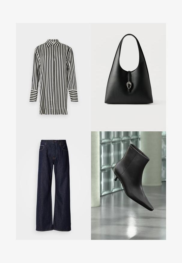 Chemise à rayures noir et blanc avec un col pointu, des manches longues et un devant boutonné. Caractéristiques de rayures larges et étroites alternées.; Jean en denim noir à jambes larges et taille haute, avec poches avant et détails de couture subtils. Texture lisse avec une coupe classique.; Bottine en cuir noir avec bout pointu et petit talon, présentée devant un mur en blocs de verre et un sol poli.; Sac à main en cuir noir avec une anse unique et une fermeture à boucle argentée sur un fond blanc.