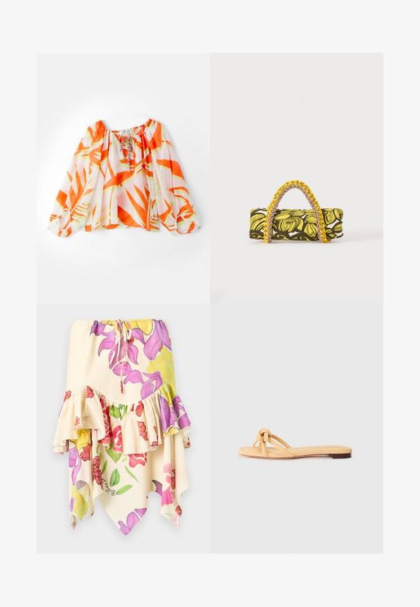 Blouse légère, décolletée, avec un motif de feuilles tropicales orange et vert, des poignets élastiqués et un col à cordon. Texture de tissu douce.; Jupe midi fleurie avec volants superposés, ourlet asymétrique, et taille à cordon, en crème avec motifs de fleurs violettes, roses, jaunes et vertes.; Sandale plate tissée jaune avec deux brides entrecroisées, un détail noué à l'avant et une semelle basse marron.; Sac rectangulaire avec motif floral jaune et noir et anse tressée jaune et rose sur fond blanc.