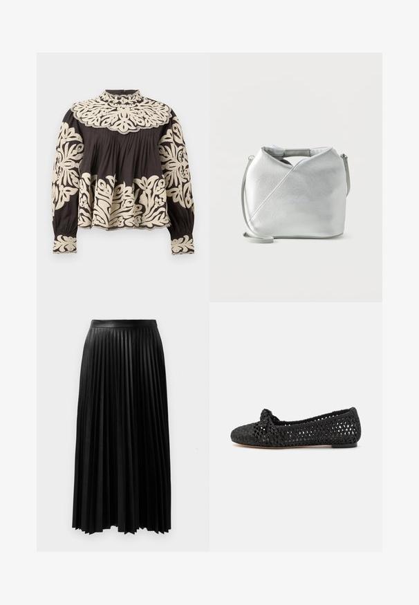 Blouse noire à manches longues avec col montant, ornée d'une grande broderie florale crème sur le yoke, les manches, les poignets et l'ourlet, avec des détails de tissu froncé.; Jupe plissée noire en tissu texturé, dotée d'une taille ajustée et de longs plis fluides atteignant la mi-mollet.; Chaussure plate noire avec un dessus en textile tissé, mettant en avant un accent noué au niveau des orteils. Semelle lisse, forme de bout rond et design en tissage ouvert.; Sac à main en cuir métallique argenté avec poignée coudée et longue bandoulière amovible sur fond blanc uni.