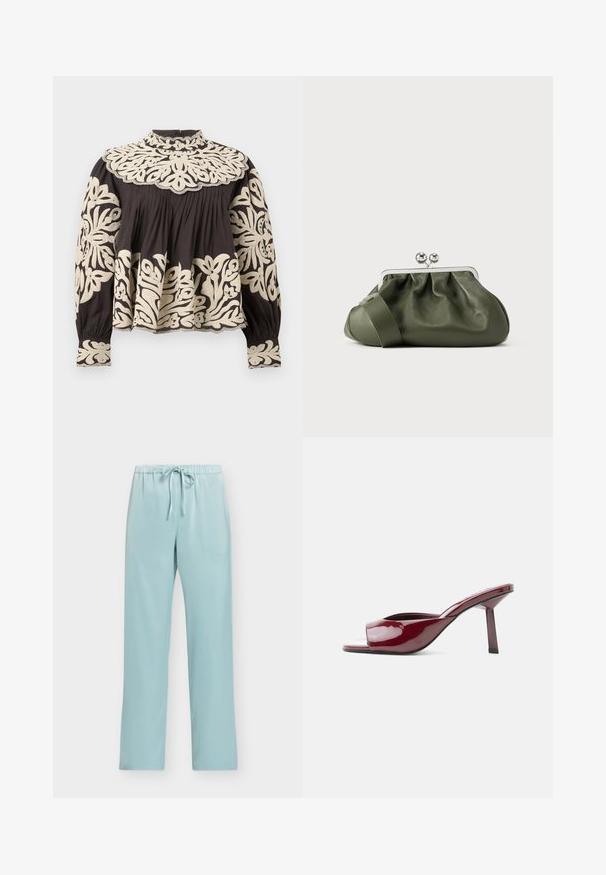 Blouse noire à manches longues avec col montant, ornée d'une grande broderie florale crème sur le yoke, les manches, les poignets et l'ourlet, avec des détails de tissu froncé.; Pantalon bleu clair à taille élastique avec cordon, jambes droites et sans poches visibles, présenté sur un fond uni.; Mule ouverte à bout rond brillante bordeaux avec un talon fin de hauteur moyenne et une semelle incurvée sur un fond blanc uni.; Pochette en cuir vert olive avec un design froncé, un cadre métallique argenté et un fermoir à double boule. Présente une texture lisse et une large bandoulière.