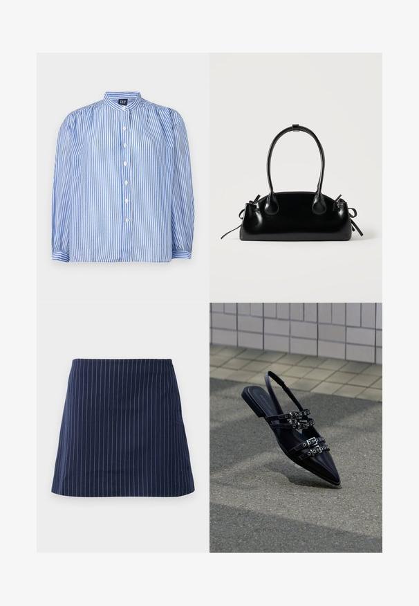 Gestreifte Button-up-Bluse mit blauen und weißen vertikalen Streifen, Stehkragen, voluminösen langen Ärmeln und fünf vorderen Knöpfen. Strukturiert Stoff.; Marineblaue Rock mit dünnen weißen vertikalen Streifen und einem geraden, knielangen Schnitt, auf einem schlichten weißen Hintergrund präsentiert.; Schwarze flache Sandale mit spitz zulaufender Spitze, mehreren Riemchen mit Schnallen und Slingback, vor einem gepflasterten Boden und einem gefliesten Wandhintergrund positioniert.; Kleine schwarze glänzende Handtasche mit zwei langen Griffen und seitlichen Kordelzug-Details vor einfachem hellem Hintergrund.