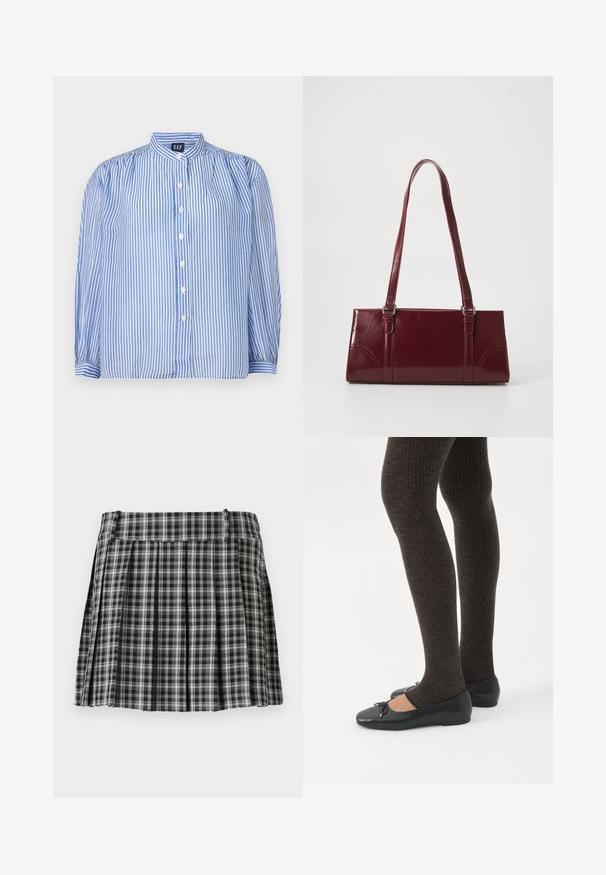 Camisa de botón a rayas con rayas verticales azules y blancas, cuello de banda, mangas largas abullonadas y cinco botones en el frente. Tejido texturizado.; Falda plisada de cuadros en blanco y negro con una cintura suave y múltiples pliegues verticales. Fabricada en un tejido ligero.; Piernas con leggings oscuros acanalados combinados con bailarinas negras que presentan pequeños detalles de lazo sobre un fondo blanco.; Bolso burdeos hecho de material brillante, de forma rectangular, con dos asas para el hombro y sutiles acentos curvados en la parte frontal.