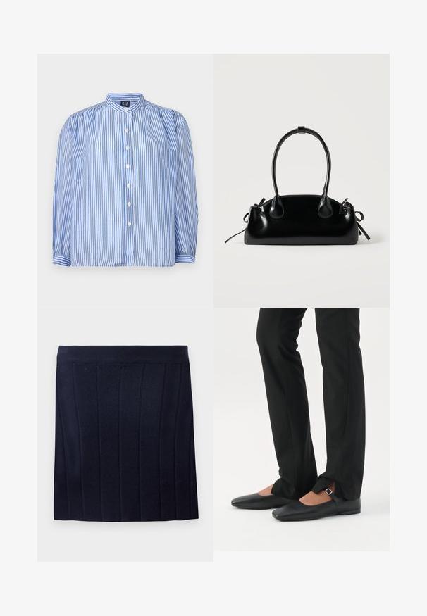Gestreifte Button-up-Bluse mit blauen und weißen vertikalen Streifen, Stehkragen, voluminösen langen Ärmeln und fünf vorderen Knöpfen. Strukturiert Stoff.; Object OBJTHESS - Minirock - sky captain; Beine in schwarzen schmalen Hosen mit vorderen Schlitzen am Saum, kombiniert mit schwarzen flachen Mary-Jane-Schuhen mit kleinem Schnallenriemen.; Kleine schwarze glänzende Handtasche mit zwei langen Griffen und seitlichen Kordelzug-Details vor einfachem hellem Hintergrund.