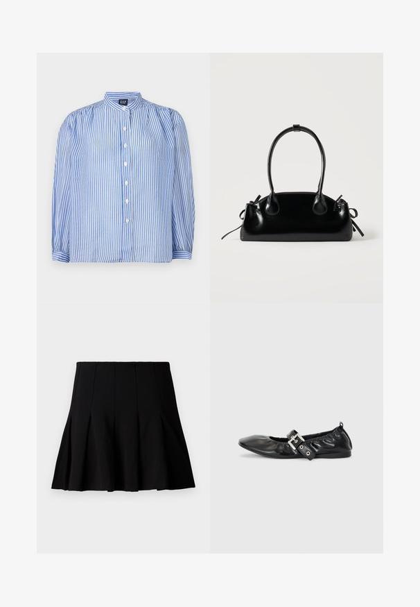 Gestreifte Button-up-Bluse mit blauen und weißen vertikalen Streifen, Stehkragen, voluminösen langen Ärmeln und fünf vorderen Knöpfen. Strukturiert Stoff.; Schwarzer, kurzer, plissierter Rock aus einem glatten Stoff. Verfügt über einen elastischen Bund und eine ausgestellte Silhouette, die bis zur Mitte des Oberschenkels reicht.; Schwarze Leder-Ballerinas mit spitzem Zehenbereich, gerafften Details am Schaft und einem silbernen Schnallenakzent am verstellbaren Riemen.; Kleine schwarze glänzende Handtasche mit zwei langen Griffen und seitlichen Kordelzug-Details vor einfachem hellem Hintergrund.