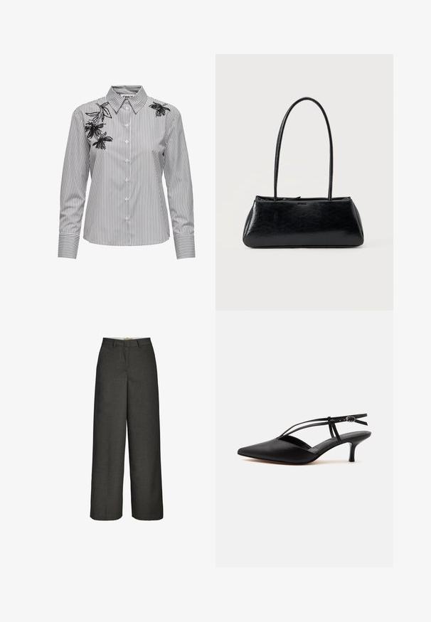 Camisa blanca de botones con rayas verticales negras y bordado floral negro en la parte superior del hombro izquierdo y en el área del cuello derecho.; Pantalones anchos de color gris oscuro con trabillas para cinturón y cierre delantero con cremallera, mostrados sobre un fondo blanco.; Zapato de piel negra con puntera puntiaguda y tacón kitten, con tira fina en el tobillo y hebilla, diseño slingback, sobre un fondo liso y claro.; Bolso de hombro rectangular negro con correas largas y delgadas y una textura lisa y brillante sobre un fondo liso.