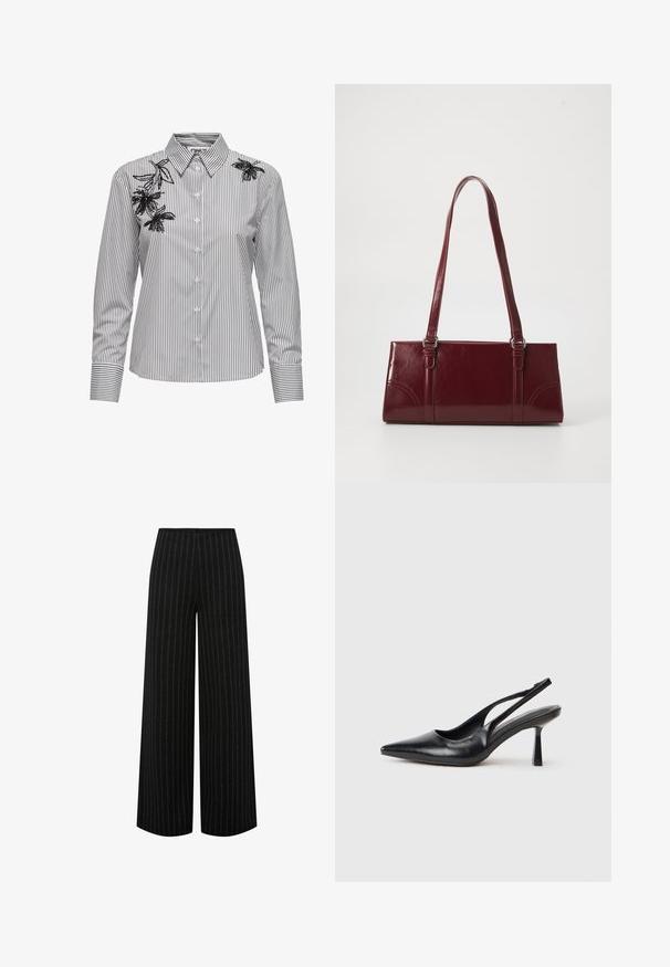 Camisa blanca de botones con rayas verticales negras y bordado floral negro en la parte superior del hombro izquierdo y en el área del cuello derecho.; Pantalones negros de pierna ancha con rayas verticales blancas y cintura alta, mostrados extendidos sobre un fondo blanco.; Zapato de tacón alto negro de cuero con puntera afilada y tacón delgado sobre un fondo blanco.; Bolso burdeos hecho de material brillante, de forma rectangular, con dos asas para el hombro y sutiles acentos curvados en la parte frontal.