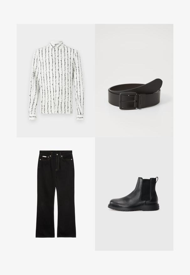 Weißes Hemd mit Knöpfen und schwarzen vertikalen Streifen sowie einem floralen Muster. Lange Ärmel mit geknöpften Manschetten. Hergestellt aus einem leichten Stoff.; Schwarze Jeans mit geradem Bein, oranger Naht, fünf Taschen, Knopfverschluss und kleinem Calvin Klein-Label auf der vorderen rechten Tasche.; Schwarze Leder-Chelsea-Boots mit strukturiertem Finish, elastischen seitlichen Einsätzen und einer robusten Gummisohle. Dezentes Branding an der Ferse.; Schwarzer Leder-Gürtel mit einer rechteckigen Metallschnalle in matter Ausführung. Glatte Textur und simples Design. Längenverstellbar.