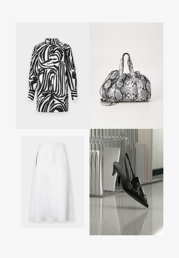 Zwart-wit overhemd met een gedurfd, abstract gestreept patroon; ontwerp met kraag, knoopsluiting aan de voorkant en lange mouwen. Glad stoftextuur.; Witte A-lijn midi-rok met een hoge taille en subtiele zijsplit op een effen achtergrond.; Zwarte leren slingback hak met puntige neus, franjes en gouden knoopdetail, op een reflecterende vloer vlakbij metalen ordnerhouders.; Zwart-wit handtas met slangenhuidpatroon, voorzien van twee handvaten, een trekkoordsluiting en een afneembare schouderriem. Hanteert een gladde textuur.