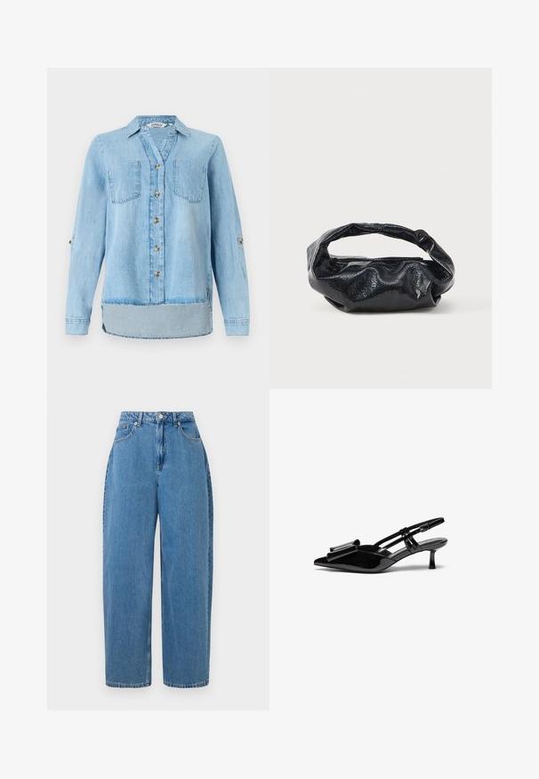 Lys blå denimskjorte med lange ærmer, fuld frontlukning med knapper, to brystlommer og en let buet kant.; Lyseblå denimbukser med lige ben, høj talje og lukning med frontknap. Har fem lommer og minimale syninger.; Sorte patenterede læderslingbacks med spids tå, en sløjfedetalje foran og en lille stilettohæle. Remmene har justerbare spænder.; Sort taske lavet af blankt, tekstureret materiale med et cirkulært, snoet håndtag og lynlås. Har et blødt, rynket design.