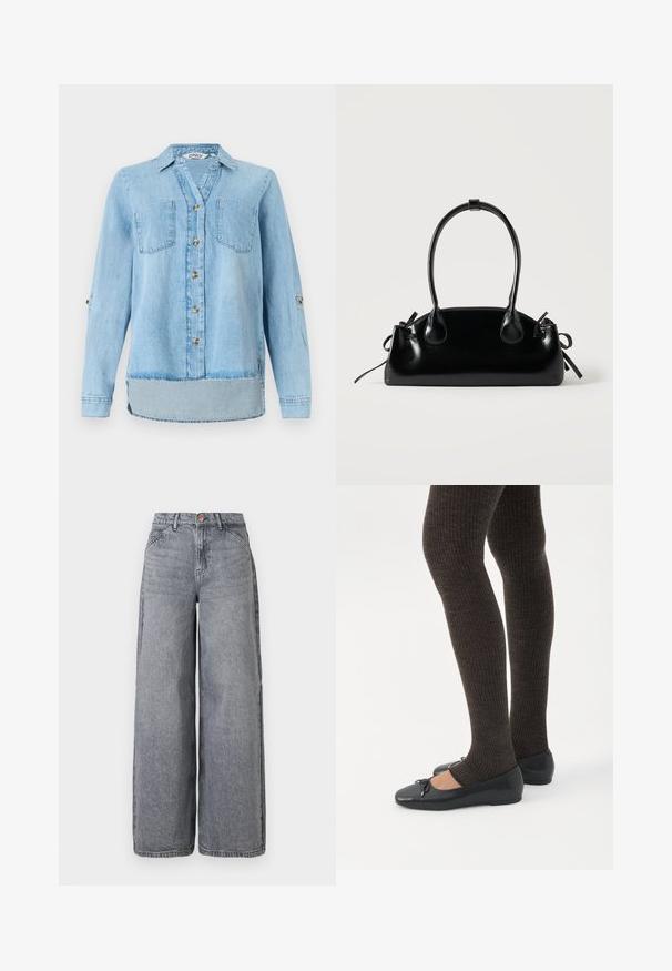 Lys blå denimskjorte med lange ærmer, fuld frontlukning med knapper, to brystlommer og en let buet kant.; Bredde ben denim jeans i en falmet grå vask, med fem lommer, en knaplukning og en blød tekstur med subtile fældningsdetaljer.; Ben iført mørke ribbede leggings kombineret med sorte balletsko med små sløjfedetaljer på hvid baggrund.; Lille sort blank håndtaske med to lange håndtag og snøre-detaljer i siden på en ensfarvet lys baggrund.