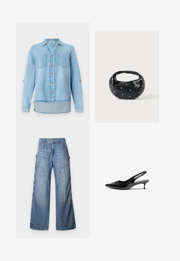 Lys blå denimskjorte med lange ærmer, fuld frontlukning med knapper, to brystlommer og en let buet kant.; Good American GOOD EASE RELAXED - Jeans Relaxed Fit - indigo; Sorte læder slingback-pumps med spids tå, lav kitten-hæl og rynket detalje på overdelen. Glat tekstur og minimalistisk design.; Sort læderhåndtaske med en rundet form, dekoreret med sølvnitter, og et kort håndtag. Glat tekstur og lynlåslukning.