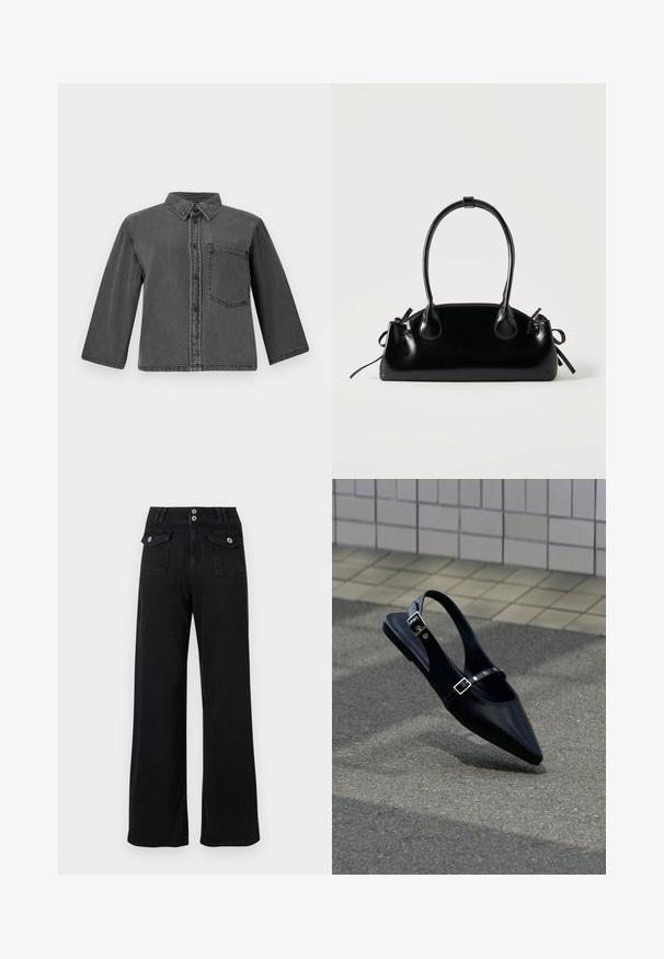 Graue Denim-Shirt mit durchgehendem Knopfverschluss, spitzem Kragen und einer einzelnen Brusttasche. Hat lange Ärmel und einen lockeren Schnitt.; Schwarze, hoch taillierte Hose mit weitem Bein, zwei vorderen Klappentaschen mit Knopfverschluss und doppeltem Knopfverschluss am Taillenbund.; Schwarzer Slingback-Flachschuh mit spitz zulaufender Spitze und doppelten Schnallenriemen, ruhend auf grauem Asphalt nahe einer gefliesten Wand.; Kleine schwarze glänzende Handtasche mit zwei langen Griffen und seitlichen Kordelzug-Details vor einfachem hellem Hintergrund.