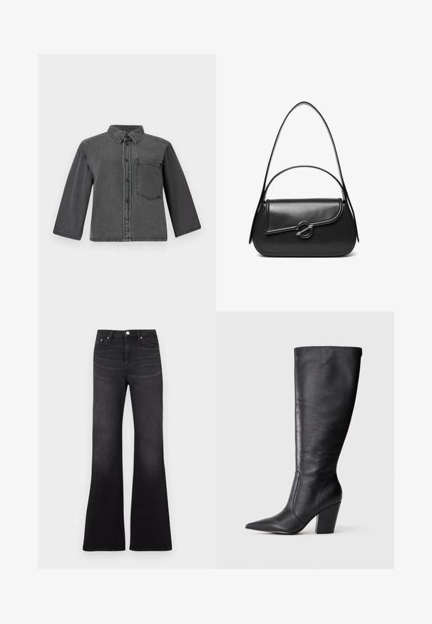 Graue Denim-Shirt mit durchgehendem Knopfverschluss, spitzem Kragen und einer einzelnen Brusttasche. Hat lange Ärmel und einen lockeren Schnitt.; Schwarze Jeans mit ausgestelltem Bein aus Denim-Stoff, mit hoher Taille, Fünf-Taschen-Design und leichtem Ausbleichen zum Saum der Beine hin.; Schwarze kniehohe Lederstiefel mit spitzem Zehen und klobigem hohen Absatz, von der linken Seitenansicht auf weißem Hintergrund gezeigt.; Schwarze Lederschultertasche mit einer geschwungenen Klappe, die durch einen runden Metallverschluss gesichert ist, und einem schlanken, verstellbaren Riemen.