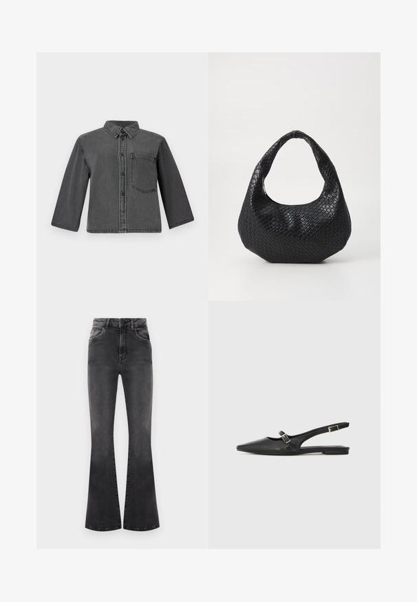 Camisa de mezclilla gris con cierre de botones en la parte delantera, cuello de punta y un bolsillo en el pecho. Presenta mangas largas y un corte relajado.; Pantalones vaqueros negros acampanados con cintura alta, detalles de costura y cinco bolsillos. La tela tiene una textura suave con un acabado desgastado.; Zapatos slingback de cuero negro con punta afilada, que cuentan con una correa estrecha y un detalle de hebilla plateada en el lateral. Suela plana.; Bolso de mano tejido en negro con un asa curvada, que presenta una superficie texturizada y una forma holgada. Acabado suave con una silueta orgánica.
