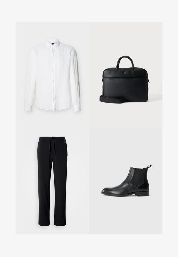 Chemise blanche pour homme à manches longues avec boutons sur le devant, col boutonné et logo brodé discret sur la poitrine.; Pantalon noir et léger avec une coupe droite. Doté d'une taille à cordon de serrage et d'une texture lisse. Convient pour une tenue décontractée.; Bottine en cuir noir avec des panneaux latéraux élastiques, bout rond et tirette. Texture lisse, semelle plate, design minimaliste.; Serviette en cuir noir texturé avec poignées supérieures et bandoulière amovible, montrant un petit logo avant sur fond gris neutre.