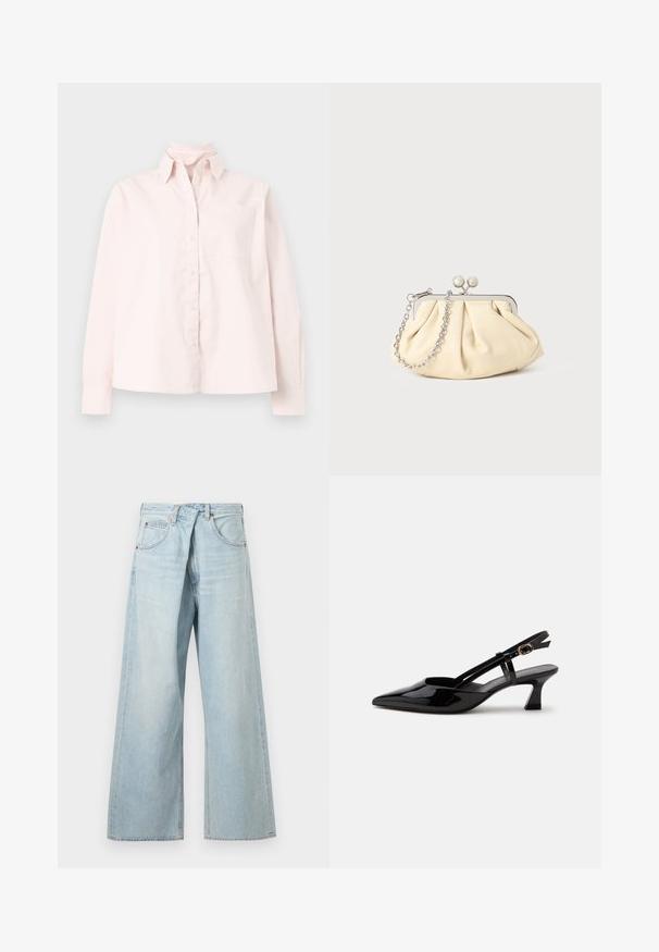 Chemise rose clair à manches longues avec boutons sur le devant, poche avant et col, affichée sur un fond neutre.; Jean denim bleu clair à jambes larges avec passants de ceinture et poches avant, présenté de face sur un fond uni.; Chaussure slingback en cuir verni noir à petit talon, bout pointu et bride réglable avec boucle dorée sur fond blanc.; Pochette en cuir beige plissé avec un cadre en métal argenté, dotée de deux fermoirs ronds décoratifs et d'une chaîne en argent.