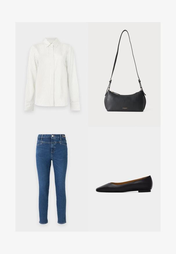 Witte overhemd met verticale lichtgrijze en blauwe strepen, lange mouwen, standaard kraag en rechte snit aan de onderrand.; Skinny jeans in donkerblauwe denim, met vijf zakken, een knoopsluiting en contrasterende stiksels. Glad textuur met minimale vervaging.; Zwarte leren puntschoen met lage hak en gladde afwerking, zijaanzicht op een lichtgrijze achtergrond.; Kleine zwarte leren schoudertas met verstelbare band en gouden rits, met subtiele gouden merktekst aan de voorkant.