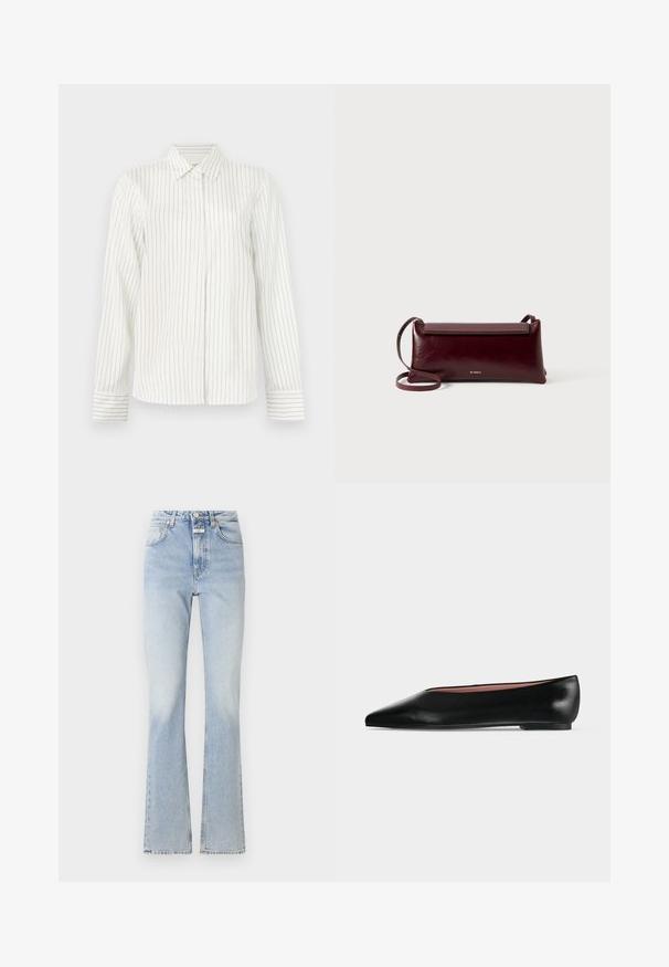 Weißes Hemd mit vertikalen hellgrauen und blauen Streifen, langen Ärmeln, klassischem Kragen und geradem Schnitt am Saum.; Hellblaue Jeans mit hoher Taille, ausgestellten Beinen und einer dezenten, verwaschenen Textur. Verfügt über einen Knopf- und Reißverschluss und fünf Taschen.; Schwarzer flacher Damenleder-Schuh mit spitzer Kappe und niedrigem Absatz, von der Seite auf einfarbigem hellgrauem Hintergrund gezeigt.; Burgunderfarbene Leder-Umhängetasche mit glatter Textur, rechteckiger Form, Klappenverschluss und einem dünnen, verstellbaren Trageriemen. Sichtbares goldfarbenes Logodesign.