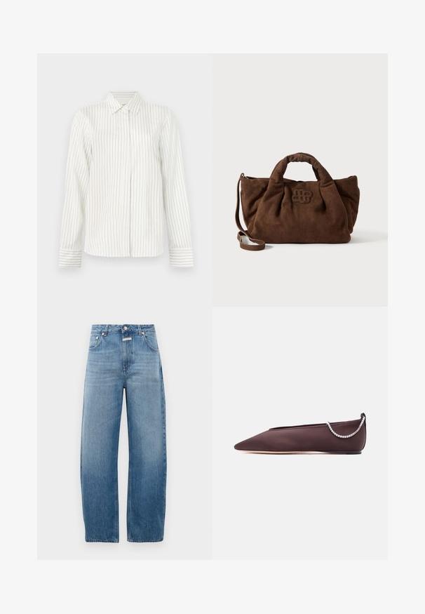 Camisa blanca de botones con rayas verticales en gris claro y azul, mangas largas, cuello estándar y corte recto en el dobladillo.; Jeans de mezclilla azul claro, de cintura alta, con corte recto. Presenta un diseño clásico de cinco bolsillos y cierre de botón metálico.; Zapato plano de punta fina de color marrón oscuro con un tacón bajo y un detalle de cadena de pedrería plateada en la parte trasera.; Bolso de mano de ante marrón con una silueta estructurada, asas dobles y una correa desmontable. Presenta un logo bordado en la parte frontal.