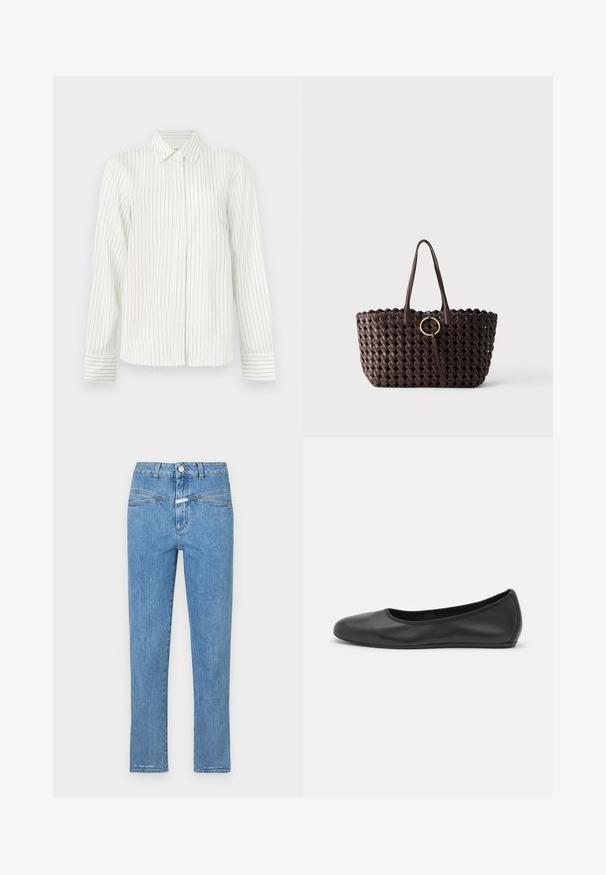 Witte overhemd met verticale lichtgrijze en blauwe strepen, lange mouwen, standaard kraag en rechte snit aan de onderrand.; Lichtblauwe denim jeans met een recht gesneden ontwerp, vijf zakken en een knoopsluiting. Heeft een licht vervaagde textuur en minimale stiksels.; Zwarte leren ballerina met een ronde neus, gladde textuur, minimale stikdetails en een flexibele zoolontwerp.; Donkerbruine geweven tas met twee handvatten en een gouden, ronde gesp in het midden tegen een effen achtergrond.