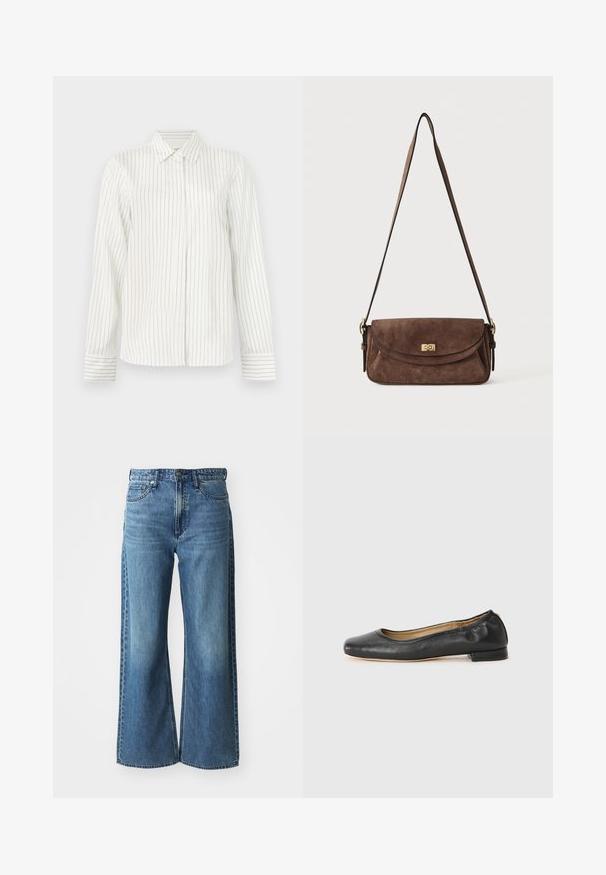 Valge nööpidega särk, millel on vertikaalsed heledad hallid ja sinised triibud, pikad varrukad, tavaline krae ja sirge lõige allääres.; Laiad sinised denim püksid keskmise kõrgusega vöökoht, viie taskuga ja peene kulumisega. Omadusteks on vöökohakonksud ja õmbluste detailid.; Mustad nahast baleriinijalatsid ümmarguse varba ja minimaalse õmblusega. Madal, ruudukujuline konts ja sile tekstuur. Diskreetne sisepinna detail.; Pruun seemisnahast õlakott pika reguleeritava rihmaga ja kuldse keeresulgu lukuga esi klapi peal.
