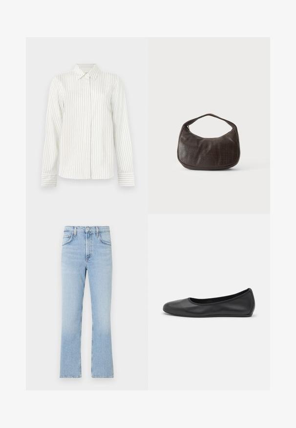 Camisa blanca de botones con rayas verticales en gris claro y azul, mangas largas, cuello estándar y corte recto en el dobladillo.; Jeans de mezclilla azul claro con un diseño de pierna recta, cintura alta y un ligero desgaste. Presenta el clásico estilo de cinco bolsillos y una cremallera en la bragueta.; Bailarina de piel negra con punta redondeada, textura suave, detalle de costura minimalista y diseño de suela flexible.; Pequeño bolso de mano marrón oscuro con textura, con correa corta y fondo redondeado sobre un fondo claro y liso.