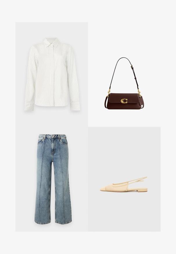 Witte overhemd met verticale lichtgrijze en blauwe strepen, lange mouwen, standaard kraag en rechte snit aan de onderrand.; Blauwe denim spijkerbroek met hoge taille en wijde pijpen, voorzijde met knoopsluiting en ritssluiting, zijzakken en zichtbare verticale naden op elke pijp.; Slingback ballerina in lichtbeige met een mesh bovenwerk, spitse neus en een lage hak. Voorzien van een verstelbare band voor een goede pasvorm.; Donkerbruine leren schoudertas met gouden "C" sluiting, verstelbare riem en klein hangend leren label met geperste merknaam.