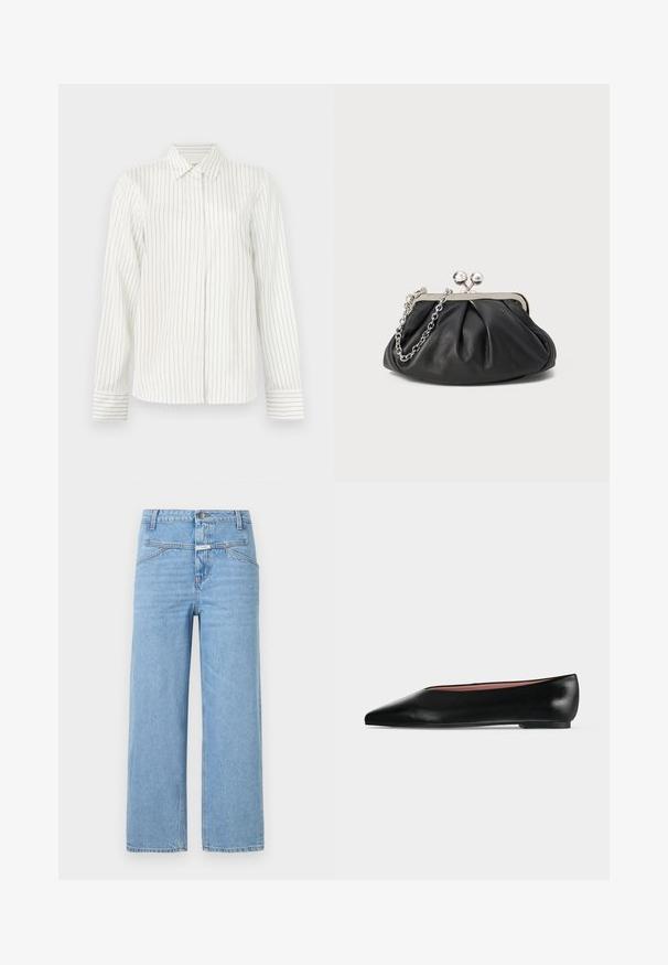 Witte overhemd met verticale lichtgrijze en blauwe strepen, lange mouwen, standaard kraag en rechte snit aan de onderrand.; CLOSED STOVER - Relaxed fit jeans - light blue; Zwarte leren damesschoen met platte zool, puntige neus en lage hak, zijwaarts afgebeeld tegen een effen lichtgrijze achtergrond.; Zwarte leren clutch met geplooide textuur, zilverkleurig metalen frame, drukknopsluiting en kettingriem. Glad, zacht oppervlak.