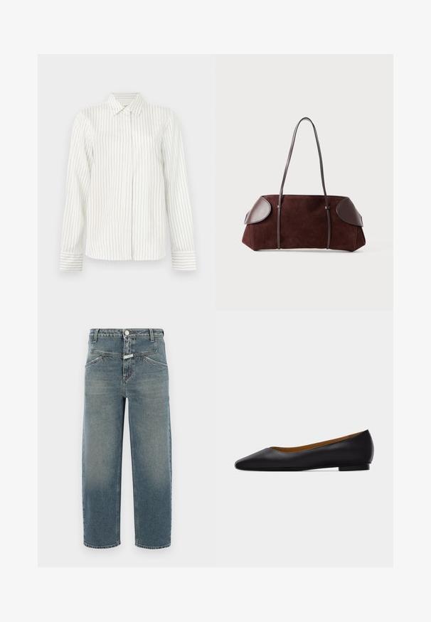 Hvid skjorte med knaplukning, vertikale lysegrå og blå striber, lange ærmer, standard krave og lige skæring i kanten.; CLOSED STOVER X - Jeans Tapered Fit - mid blue; Sort læder flad sko med spids tå, lav hæl og glat finish, vist fra siden på en lysegrå baggrund.; Brun ruskinds taske med læderdetaljer, struktureret form, dobbelte skulderstropper og afrundede kanter, som har en glat tekstur og minimal hardware.