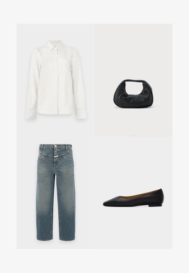 Witte overhemd met verticale lichtgrijze en blauwe strepen, lange mouwen, standaard kraag en rechte snit aan de onderrand.; CLOSED STOVER X - Jeans Tapered Fit - mid blue; Zwarte leren puntschoen met lage hak en gladde afwerking, zijaanzicht op een lichtgrijze achtergrond.; Zwarte geweven hobo-tas met een zachte structuur en geïntegreerd handvat, weergegeven op een effen lichte achtergrond.