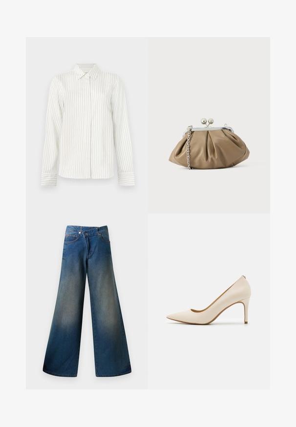 Weißes Hemd mit vertikalen hellgrauen und blauen Streifen, langen Ärmeln, klassischem Kragen und geradem Schnitt am Saum.; Weite blaue Jeans aus Denim mit einem leicht verblassten Finish, sichtbaren Nähten, zwei Fronttaschen und einem Knopfverschluss.; Beige hochhackige Pumpe mit spitzer Zehenform, glattem Lederoberteil und schlankem Stiletto-Absatz. Verfügt über eine tief ausgeschnittene Vorderseite und keine sichtbare Hardware.; Lederclutch in sanftem Beige mit abgerundeter Form, plissierter Textur, silbernem Kissenschloss und abnehmbarem Kettenriemen.