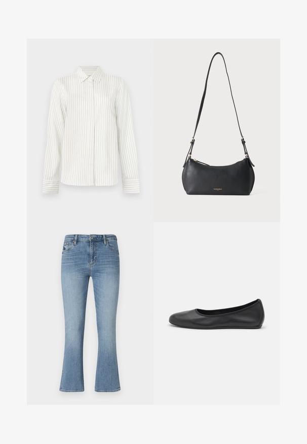 Hvid skjorte med knaplukning, vertikale lysegrå og blå striber, lange ærmer, standard krave og lige skæring i kanten.; Lysblå flared jeans lavet af denim. Har talje med medium højde, fem lommer og bæltestropper. Fade detaljer og syninger synlige.; Sort læderballetsko med rund tå, glat tekstur, minimal syning og et fleksibelt såldesign.; Lille sort læder skuldertaske med justerbar rem og gyldent lynlås, med subtilt gyldent brandtekst foran.