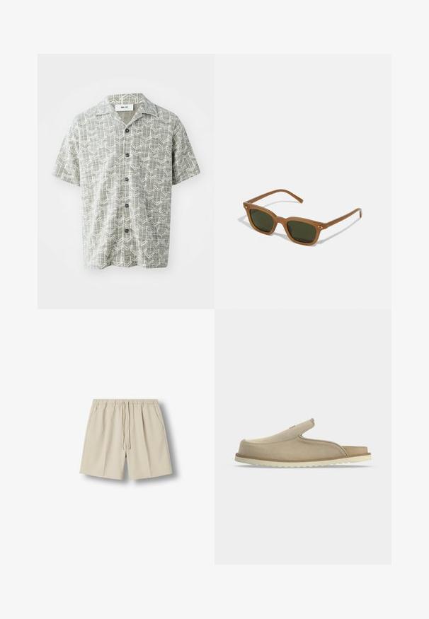Chemise à manches courtes de couleur gris clair avec un motif géométrique blanc. Elle présente un col à revers et cinq boutons noirs sur le devant.; Short beige décontracté avec taille élastique et cordon, face avant avec poches latérales, posé à plat sur fond blanc.; Sandale beige à enfiler avec bout fermé, talon ouvert, dessus en suédine souple et semelle en caoutchouc blanche texturée, montrée de profil sur fond blanc.; Lunettes de soleil en acétate marron avec des verres vert foncé, de forme rectangulaire et des accents dorés sur les branches. Texture lisse, design minimaliste.