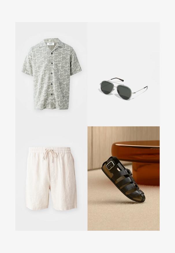 Chemise à manches courtes de couleur gris clair avec un motif géométrique blanc. Elle présente un col à revers et cinq boutons noirs sur le devant.; Shorts en lin beige avec une taille élastique, cordon de serrage ajustable et poches latérales. Texture douce avec une coupe décontractée.; Sandale en cuir noir avec plusieurs brides et une boucle argentée, présentée sur un tapis beige devant une table ronde en bois.; Une paire de lunettes de soleil aviateur en métal argenté avec des verres vert foncé, dotées de branches fines avec des accents écaille de tortue et d'une forme ronde.