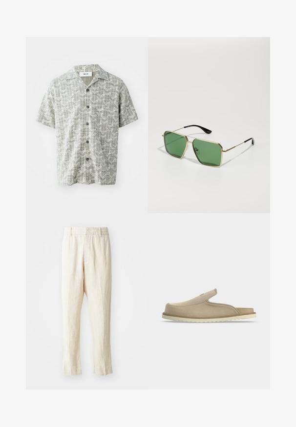 Chemise à manches courtes de couleur gris clair avec un motif géométrique blanc. Elle présente un col à revers et cinq boutons noirs sur le devant.; Pantalons en lin beige à coupe décontractée, avec des jambes fuselées et un devant plat. Ils comportent une taille élastique pour plus de confort et un minimum de détails de couture.; Sandale beige à enfiler avec bout fermé, talon ouvert, dessus en suédine souple et semelle en caoutchouc blanche texturée, montrée de profil sur fond blanc.; Lunettes de soleil en métal doré avec des verres verts, de forme géométrique, et des embouts de branches en plastique noir. Construction légère avec des accents subtils.