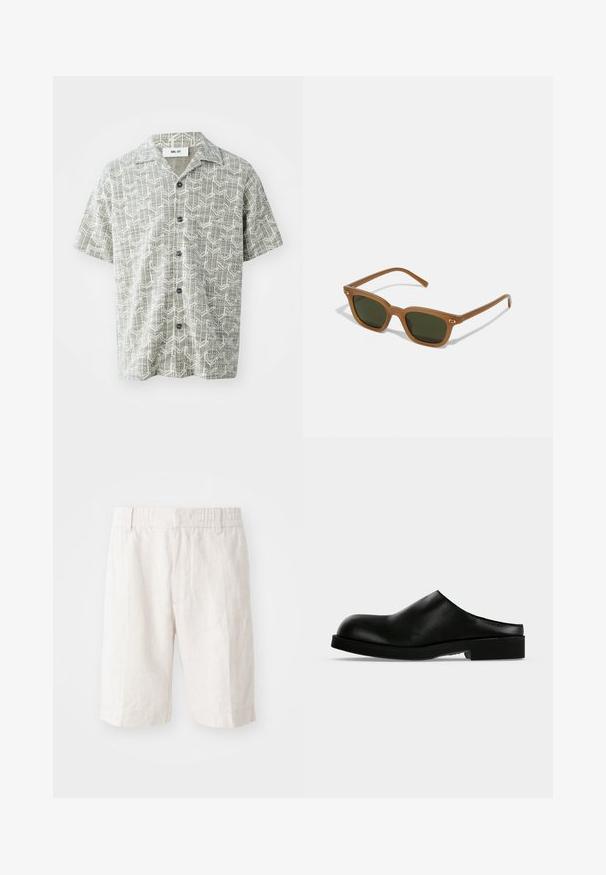 Chemise à manches courtes de couleur gris clair avec un motif géométrique blanc. Elle présente un col à revers et cinq boutons noirs sur le devant.; Shorts en lin beige clair avec une taille élastique, poches latérales et une coupe droite. Texture lisse avec des coutures minimales visibles.; Mule en cuir noir à enfiler avec bout arrondi et petit talon carré sur un fond clair uni.; Lunettes de soleil en acétate marron avec des verres vert foncé, de forme rectangulaire et des accents dorés sur les branches. Texture lisse, design minimaliste.