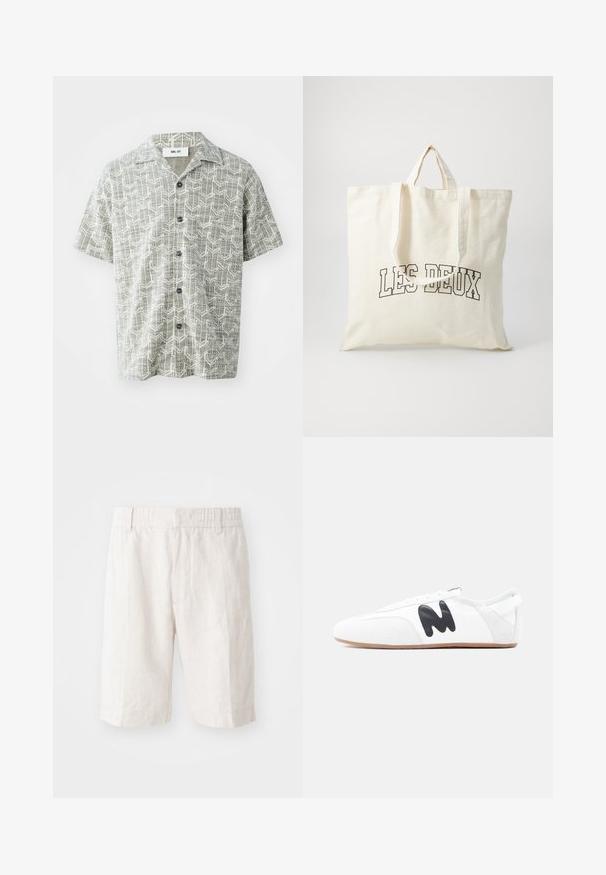 Chemise à manches courtes de couleur gris clair avec un motif géométrique blanc. Elle présente un col à revers et cinq boutons noirs sur le devant.; Shorts en lin beige clair avec une taille élastique, poches latérales et une coupe droite. Texture lisse avec des coutures minimales visibles.; Baskets blanches à profil bas avec un logo "M" noir sur le côté et une semelle brun clair, vues de l'extérieur sur un fond uni.; Sac fourre-tout en toile de couleur ivoire, avec des poignées courtes et le texte imprimé "LES DEUX" en lettres noires en gras. Design durable et simple.