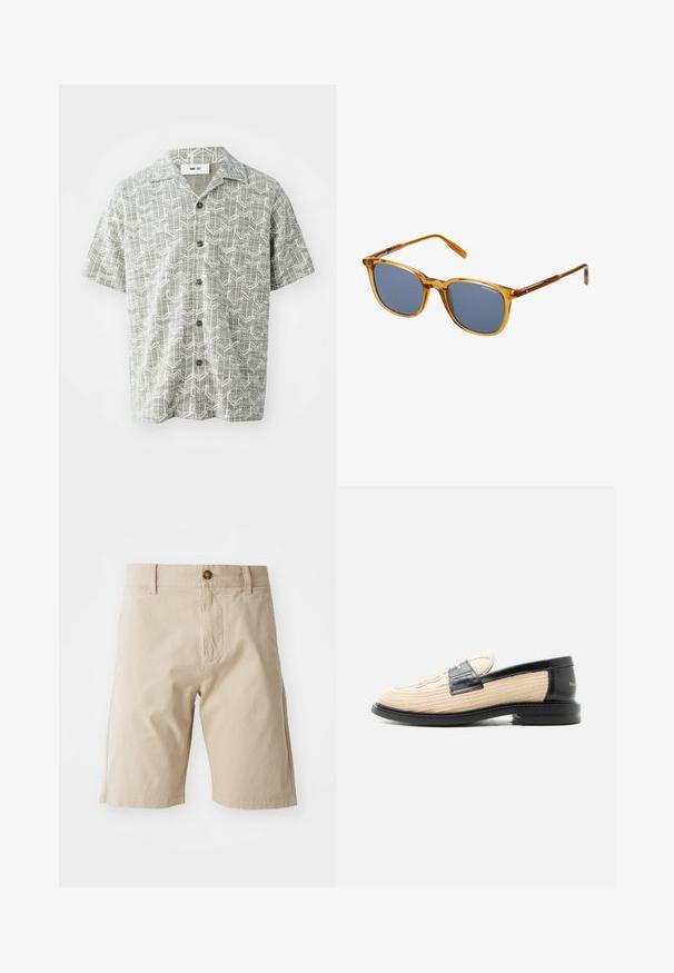 Chemise à manches courtes de couleur gris clair avec un motif géométrique blanc. Elle présente un col à revers et cinq boutons noirs sur le devant.; Shorts en coton beige avec fermeture à bouton, passants de ceinture et poches latérales ; texture lisse et silhouette droite.; Mocassin tissé beige avec bordure en cuir noir, bout arrondi, semelle noire et motif décoratif cousu sur la partie supérieure.; Lunettes de soleil en plastique transparent marron avec des verres gris foncé, de forme carrée, avec un logo discret sur la monture et une finition brillante.