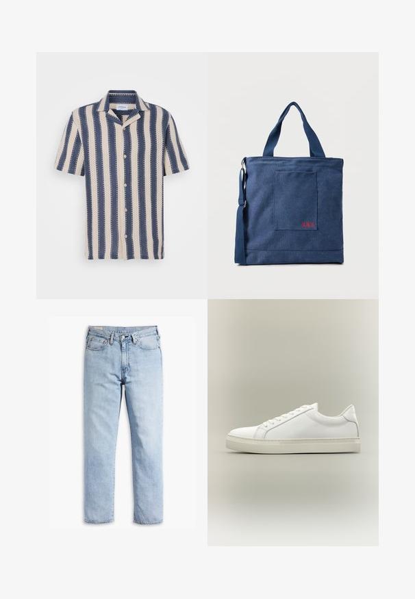 Camisa de manga corta con un patrón de rayas en azul marino y crema, con cuello y cierre de botones, elaborada en tela transpirable.; Jeans de mezclilla azul claro con un diseño de pierna recta, estilo de cinco bolsillos y detalles de costura resistente. Presenta un cierre de cremallera y botón de metal.; Zapatilla blanca de perfil bajo con cordones en la parte delantera y suela gruesa, mostrada de lado sobre un fondo neutro.; Bolso tote de lona azul con bolsillo frontal y bordado rojo "O.N.S", con asas dobles y una correa ajustable para el hombro.