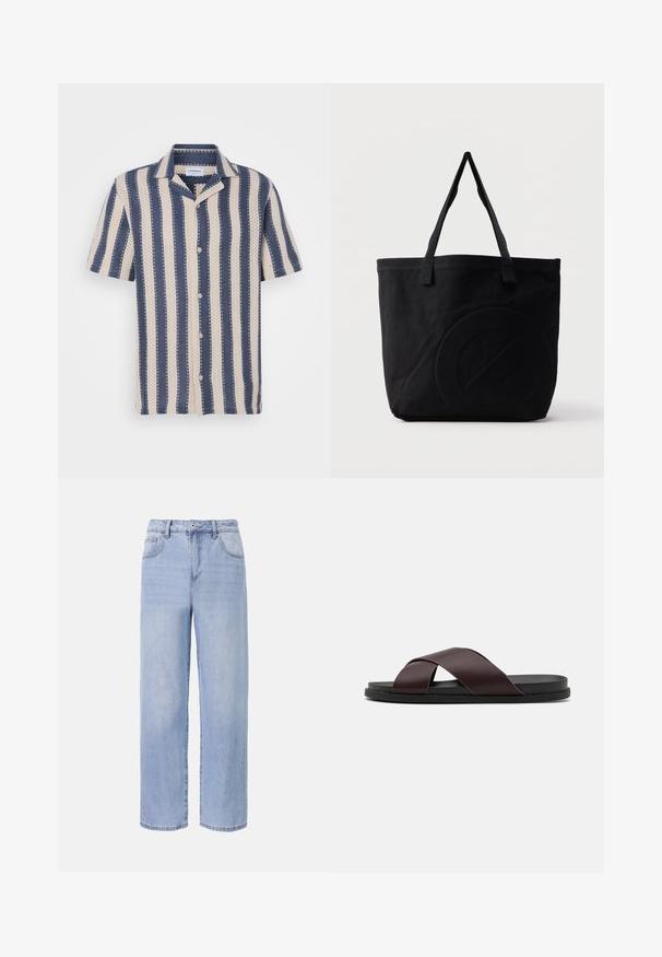 Korte mouw overhemd met een marineblauw en crème gestreept patroon, voorzien van een kraag en knoopsluiting, gemaakt van ademende stof.; Lichtblauwe denim jeans met een ontspannen, wijde pasvorm. Kenmerken zijn onder andere vijf zakken, een sluiting met een knoop aan de voorkant en subtiele vervaging.; Bruine sandaal met kruisbanden, voorzien van een matte afwerking, vlakke zwarte zool en een gladde textuur. Minimalistisch ontwerp zonder zichtbare bevestigingsmaterialen.; Zwarte canvas tas met twee schouderbanden en een subtiel, ingebosseleerd cirkelvormig ontwerp aan de voorkant.
