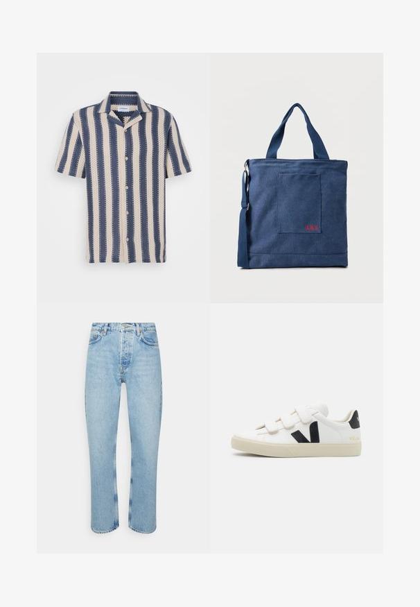 Kurzarmhemd mit einem navy- und cremefarbenen Streifenmuster, das einen kragenförmigen Ausschnitt und Knopfverschluss aufweist, aus atmungsaktivem Stoff gefertigt.; Hellblaue Jeans aus Denim mit geradem Schnitt, hoher Taille, fünf Taschen-Design und sichtbaren Nähten an den Nähten und Säumen.; Weißer Sneaker mit schwarzen Akzenten und Klettverschluss. Verfügt über ein strukturiertes Lederobermaterial, eine cremefarbene Gummisohle und ein Logo an der Ferse.; Blauer Canvas-Einkaufstasche mit Vordertasche und roter "O.N.S" Stickerei, ausgestattet mit zwei Griffen und einem verstellbaren Schulterriemen.