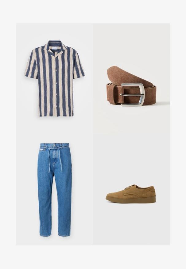 Kurzarmhemd mit einem navy- und cremefarbenen Streifenmuster, das einen kragenförmigen Ausschnitt und Knopfverschluss aufweist, aus atmungsaktivem Stoff gefertigt.; Blaue Jeans aus Denim mit geradem Bein, hoher Taille, vorderer Knopfleiste, Reißverschluss und einem dünnen Denim-Gürtel, der in der Taille gebunden ist.; Brauner Wildleder-Schnürschuh für den Alltag mit flacher Gummisohle, von der Seite auf hellem, einfachem Hintergrund gesehen.; Brauner Wildledergürtel, zusammengerollt mit silberner rechteckiger Metallschnalle auf schlichtem hellem Hintergrund.