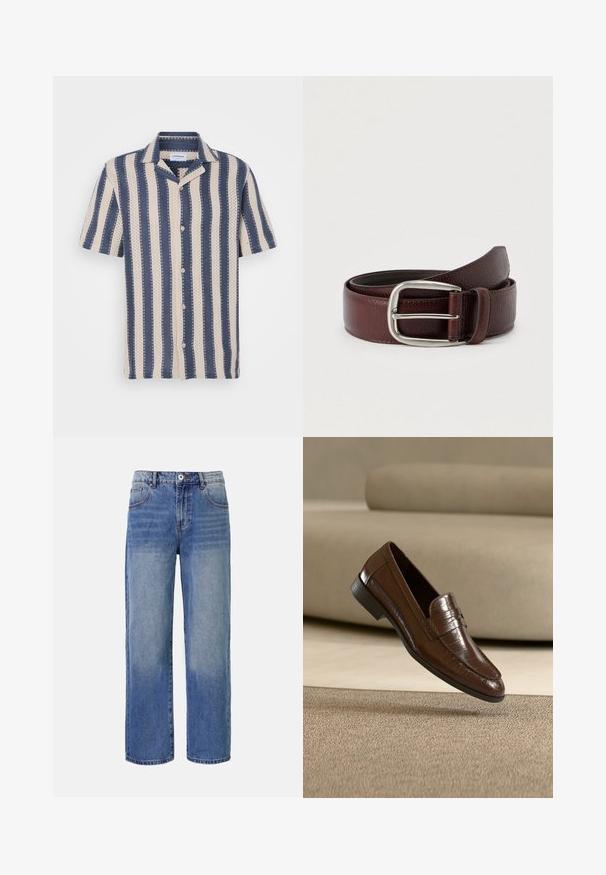 Kurzarmhemd mit einem navy- und cremefarbenen Streifenmuster, das einen kragenförmigen Ausschnitt und Knopfverschluss aufweist, aus atmungsaktivem Stoff gefertigt.; Helle blaue Denim-Jeans mit weitem Bein, einem Ausbleichungsmuster, fünf Taschen und einem Reißverschluss. Mit einem Knopf und Gürtelschlaufen an der Taille.; Brauner Leder-Slipper mit strukturierter Musterung, der über einem beigen Teppich schwebt, vor einem beigen Sofa im Hintergrund.; Brauner Ledergürtel mit strukturierter Oberfläche, ausgestattet mit einer silbernen Metallschnalle und einer einzelnen Schlaufe zur Anpassung. Gewebtes Design in der Nähe der Schnalle.